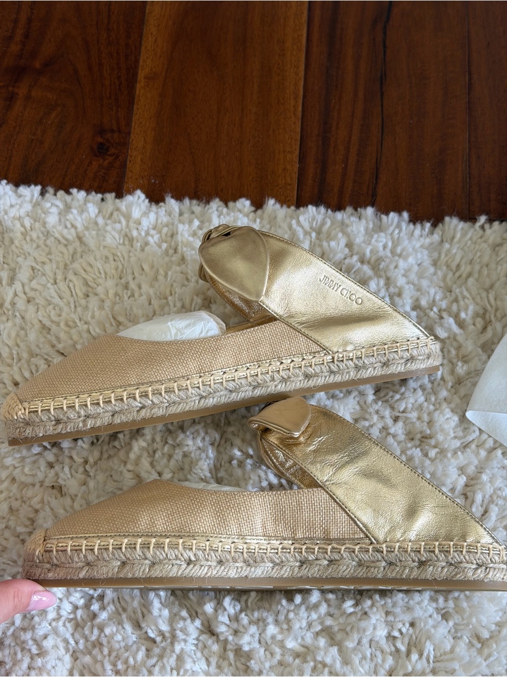 NEW WITH BOX Jimmy Choo Metallic Gold Bow Espadrille Slip-Ons Size 39/US 9 - Picture 4 of 16